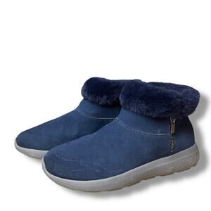 SKECHERS GogaMat Blue Suede Leather Faux Fur Ankle Boot Casual Comfort Size 10